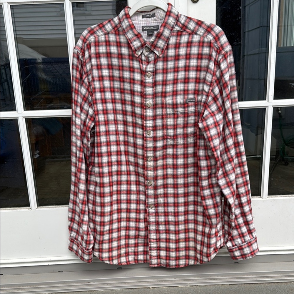 Eddie Bauer Red and White Plaid Casual Shirt 100% Cotton